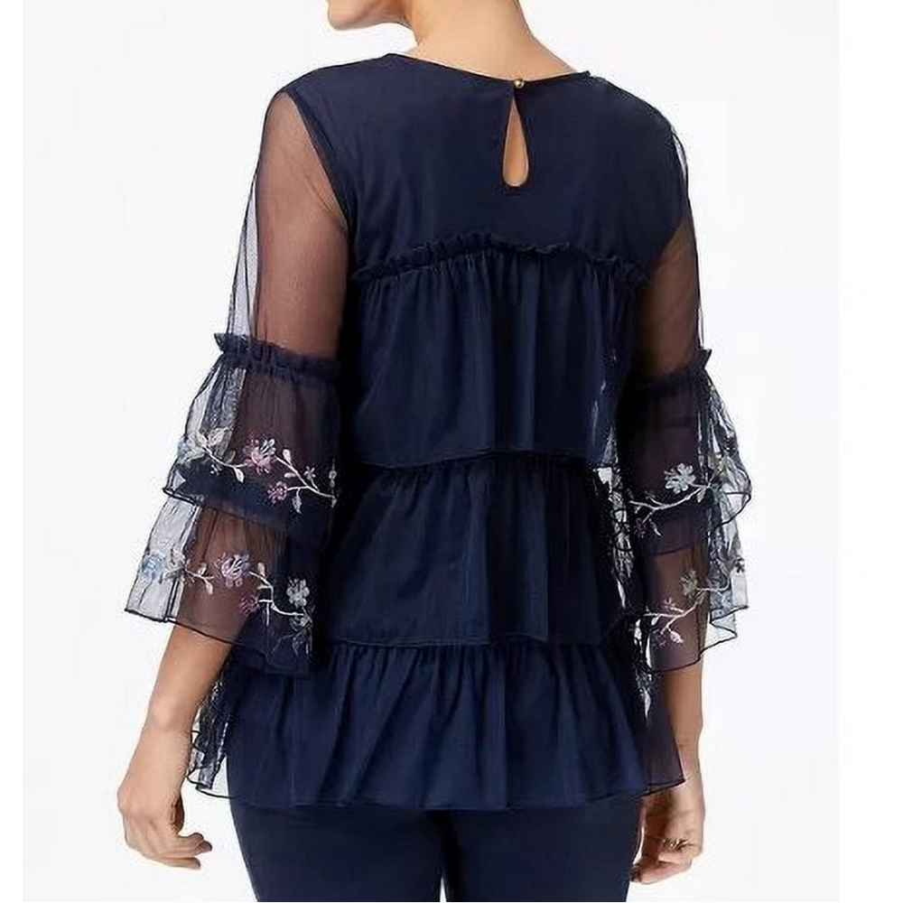 Style & Co Boho Lace Embroidered Floral Tiered Blue Blouse Size L - Picture 2 of 7